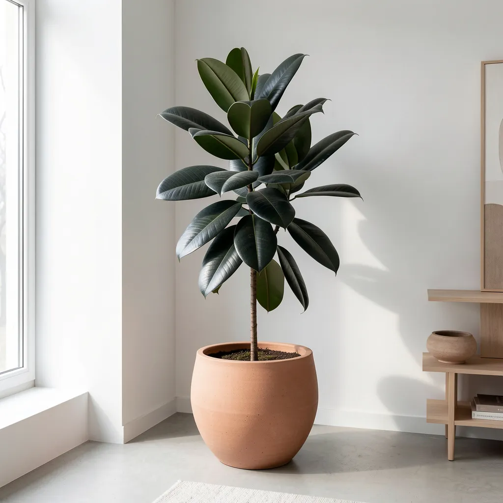 Ficus elastica växt i stor kruka