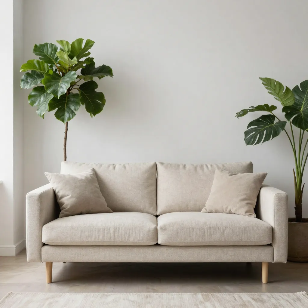 Modernt vardagsrum med stora växter