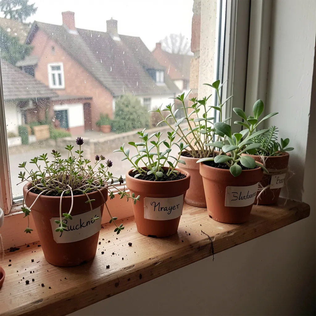 Kök med små växter på fönsterbrädan