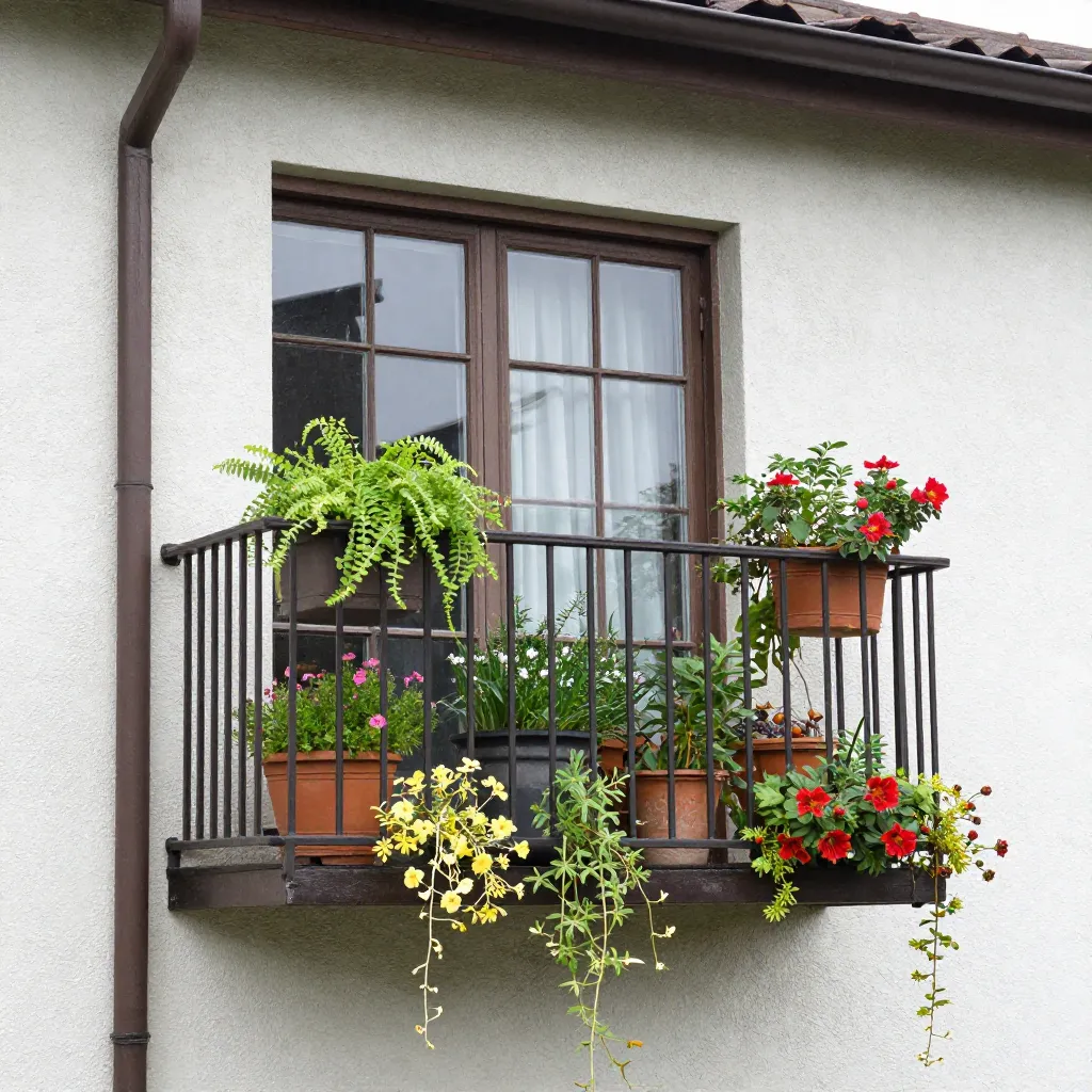 Balkong med växtarrangemang